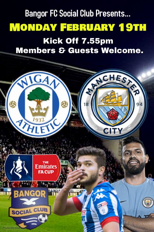 BFCSocialClub's tweet photo. More LIVE FA Cup football tonight at the Social Club.

We will be showing the FA Cup tie between Wigan &amp; Manchester City LIVE on the big screen!

During the game we will have drink promotions behind the bar.

Members &amp; Guests Welcome. https://t.co/ygfj9onXXC
