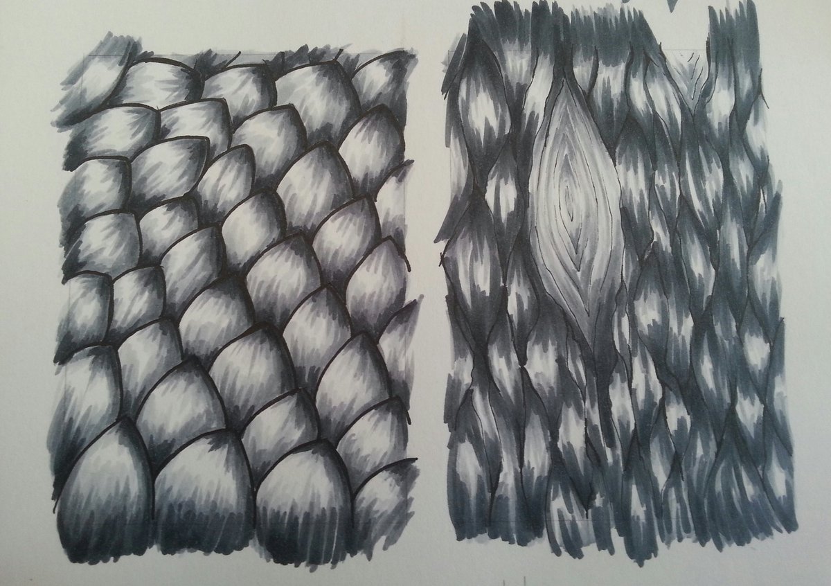 Wir sollten ein paar Oberflächen Strukturen mit Copic Markern zeichnen.  Oben zwei verschiedene Metall und unten Schuppen und Holz/Baumrinde, image size:1200x846