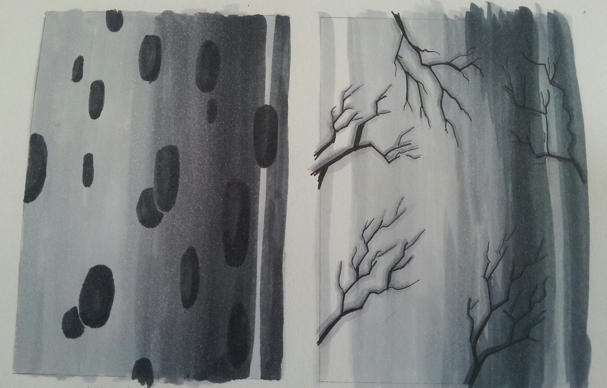 Wir sollten ein paar Oberflächen Strukturen mit Copic Markern zeichnen.  Oben zwei verschiedene Metall und unten Schuppen und Holz/Baumrinde, image size:1200x768