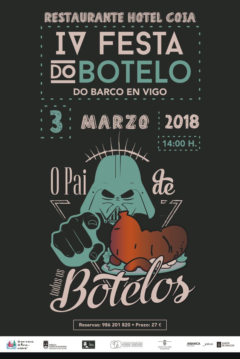 ConcellodoBarco's tweet image. IV Festa do Botelo do Barco en Vigo
Restaurante Hotel Coia
Sábado, 3 de Marzo de 2018- 14,00 horas
Menú: Empanada, Sopa de Cocido. Botelo e chourizos con repolo e cachelos. Bica.
Vinos Valdeorras. Café e augardentes.
Prezo: 27€
Información e reservas: 986201820