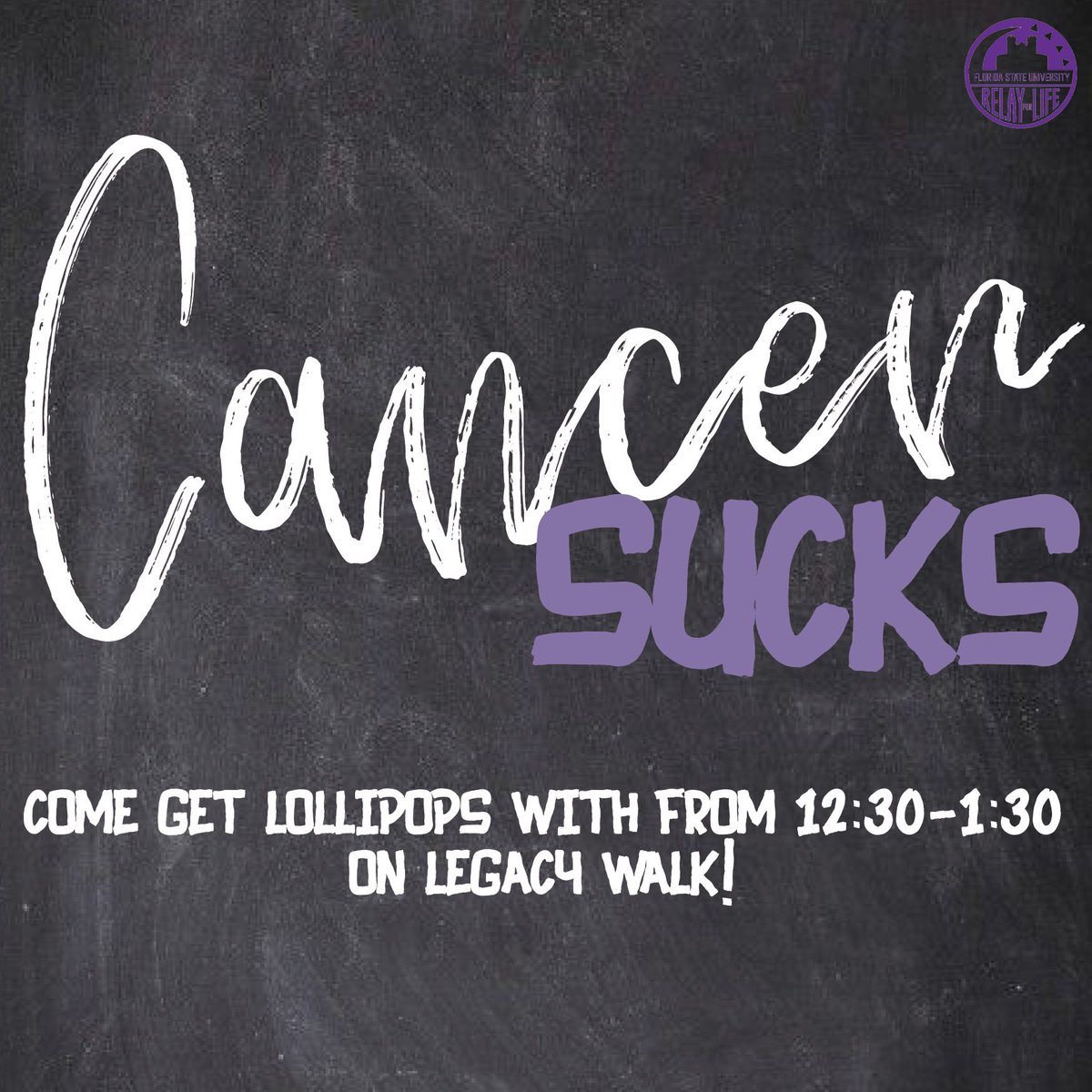fsurelayforlife's tweet photo. Like this tweet if Cancer SUCKS!!!! Retweet this tweet if you wanna come hang with us on the Legacy Walk and get some lollipops this afternoon from 12:30-1:30!!!💜🍭#CancerSucks https://t.co/mSgyDBWpZ0