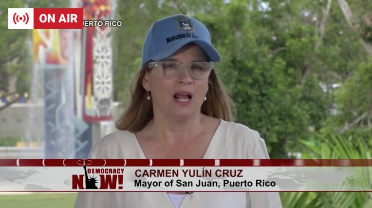 democracynow's tweet photo. San Juan Mayor @CarmenYulinCruz: "We're facing privatization on the energy front, we're also facing privatization at the point of education… It almost seems like the perfect storm for disaster economics or what they call disaster capitalism." #DNlive https://t.co/XF2PRZJcfj