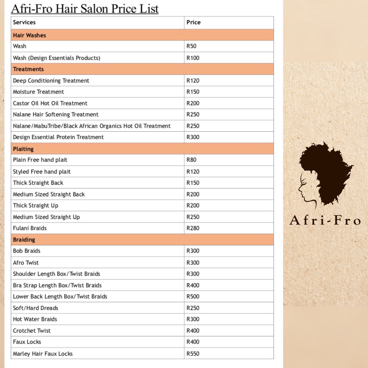 Afri Fro Hair Salon On Twitter Our 2018 Price List Note That Some Prices Have Been Reviewed And Adjusted Forallyournaturalhairneeds