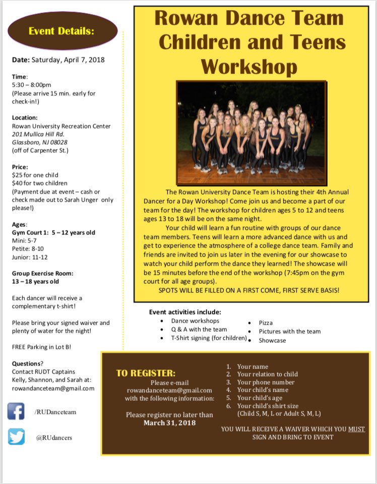 SAVE THE DATE! We are officially taking registration for our 2018 Dancer for a Day workshop! The date is Saturday, April 7th from 5:30-8:00 pm. Please contact rowandanceteam@gmail.com to register your dancer!! We can’t wait!!! 💛💃👯‍♀️ #RUDT