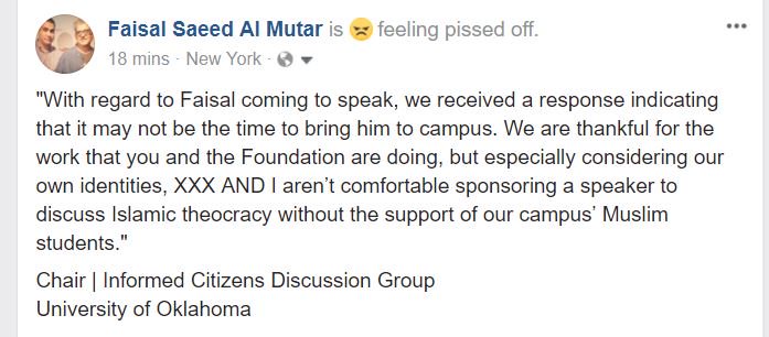 faisalalmutar's tweet photo. What the ....? I was going to give a POSITIVE talk about recreating the Enlightenment movement that existed in ISLAMIC HISTORY.
How is that EVEN CONTROVERSIAL?
#CanceledEvent #OU #OklahomaCity https://t.co/J9VboKXHPj