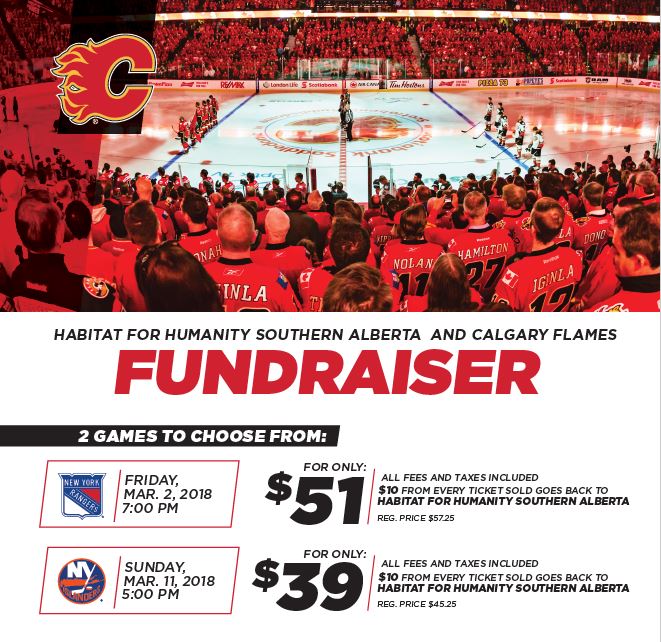HFHSouthernAB's tweet image. We’ve partnered with @calgaryflames for two games, where $10 of each ticket sold goes to Habitat for Humanity Southern Alberta. Tickets are press level and are about $6 cheaper than regular price. Purchase your tickets at ow.ly/ahu730iD5kC