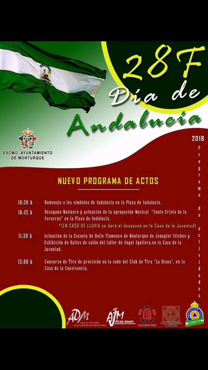 Por motivo de la previsión meteorológica, que pronostica agua, frio y aire para el Miercoles 28, quedán suspendidas las actividades en el Polideportivo Municipal.
Aqui podeís ver, el nuevo programa de actos para celebrar el 28F Día de Andalucía.¡Te esperamos!
#28f