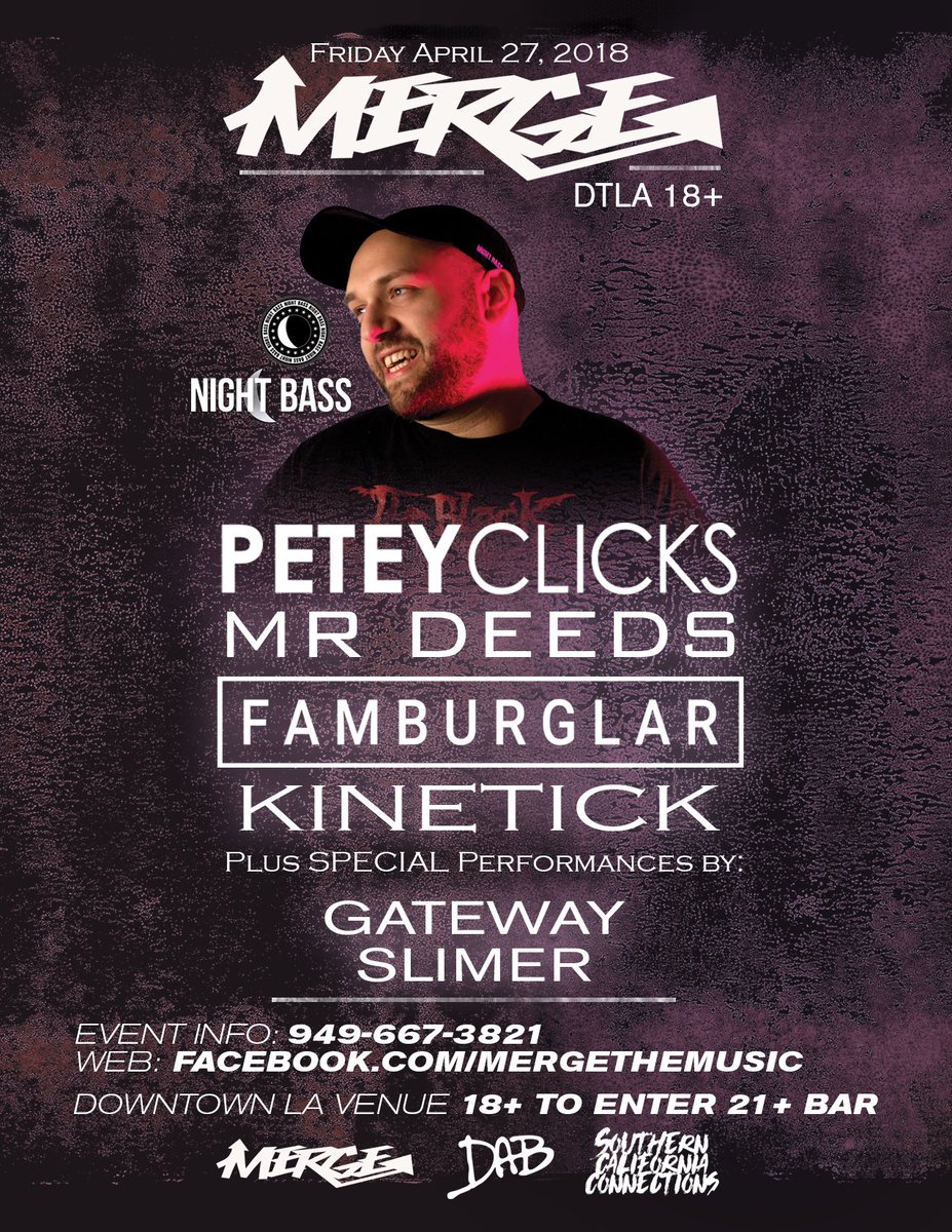 mergethemusic's tweet photo. MERGE returns to #DTLA April 27th with @peteyclicks (@nightbass records) + @mrdeedsmusic @GatewAymusick @DjKinetick @slimerofficial &amp; more!
event link: https://t.co/CGU2RZHs4I https://t.co/ZvMnFo0QMg