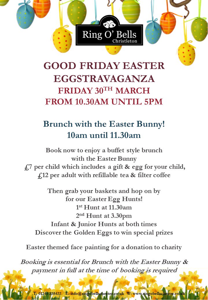 ringobellsch3's tweet photo. We are now taking bookings for our big Good Friday Easter Eggstravaganza! Including Brunch with the Easter Bunny! @welovecheshire @chestertweetsuk @chesterdotcom @TasteCheshire @OringCheshire @sugarvine @ChesterChron @ChronSallie https://t.co/Q6P8n5ZWBj