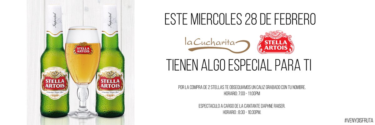 Lacucharitat's tweet photo. Este Miércoles 28 a partir de las 7PM
Stella Artois y La Cucharita tienen un evento ESPECIALMENTE PARA TI.

RESERVAS: 7178868

#VENYDISFRUTA https://t.co/eg8jdvwHuE