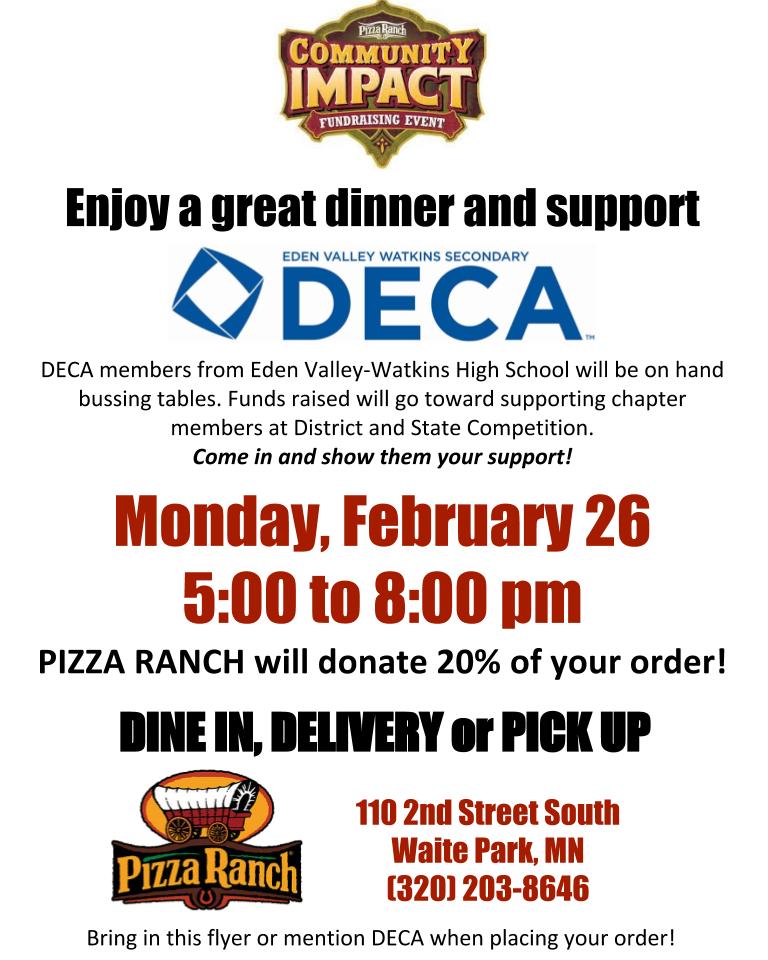 EVWDECA's tweet image. Join EVW DECA tonight at Pizza Ranch in Waite Park!