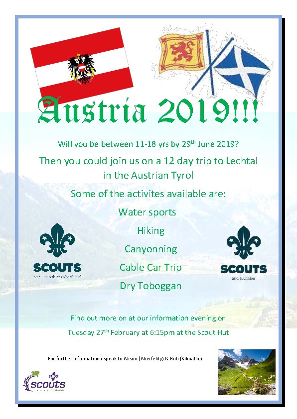 AberfeldyScout's tweet photo. Don’t forget to come to our information evening tomorrow about our international trip in 2019! ⚜️🏴󠁧󠁢󠁳󠁣󠁴󠁿🇦🇹 @Cubs17th  #skillsforlife #scouts https://t.co/OmBJI19Zdm