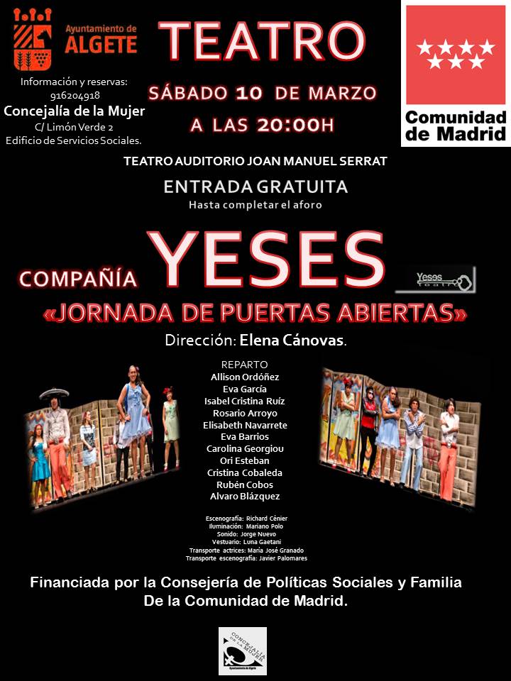 Aytodealgete's tweet image. #SemanaDeLaMujer♀️
🎭LA COMPAÑÍA DE TEATRO #YESES VUELVE A #ALGETE!
♀Con motivo del #DiaInternacionalDeLaMujer

ENTRADA GRATUÍTA!!👍🏻👍🏻
(Hasta completar el aforo)
SÁBADO 10 DE MARZO 
 20:00h
 Inscripciones:
Concejalía de Mujer: C/ Limón verde, 2- 1ª planta.
Tfno: 916204918