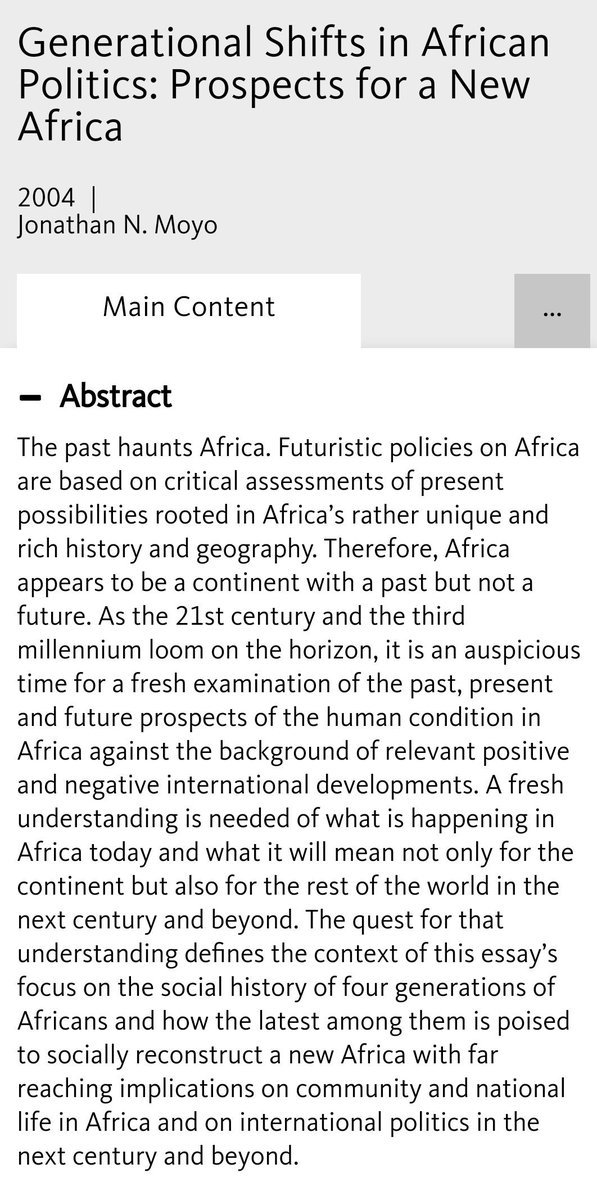 ProfJNMoyo's tweet photo. Here is a treatise I wrote in 1998 &amp; published in 2004 on the ideological bedrock of a new #DemographicGroup, I've since called #Generation40, now set to make a new #Zim &amp; a #NewAfrica!

Generational Shifts in African Politics: Prospects for a New Africa[https://t.co/HdOxwx9CNo] https://t.co/gybqBijg7K
