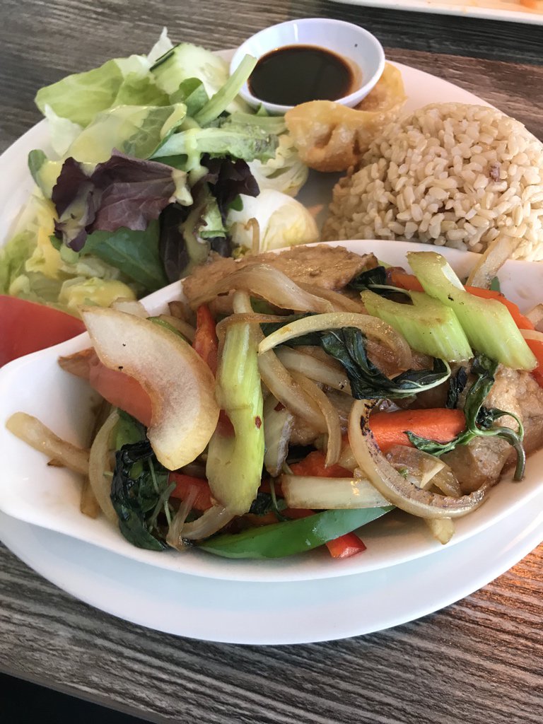 Chold1's tweet photo. Couldn’t sleep last night but started my day with some Bikram Yoga. Let me tell you I feel energized and this vegan Thai lunch has me smiling. #selfcare #itsameday. https://t.co/sBZ4gbVsWo