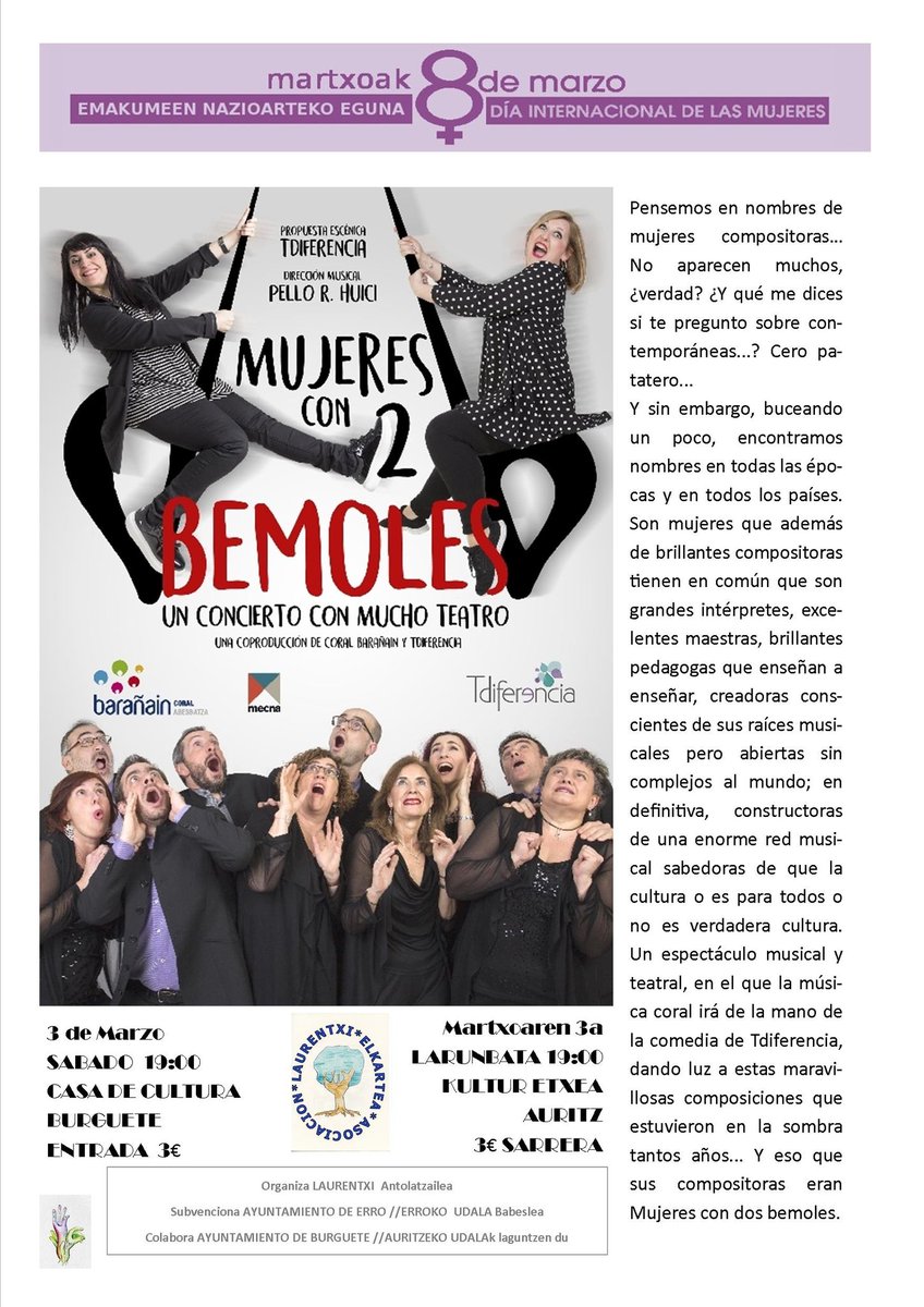 auritz_burguete's tweet photo. #AgendaCultural 3 de marzo, «#Mujeres con 2 bemoles», un concierto con mucho #teatro. Organiza Asociación #Laurentxi Elkartea. "La cultura es para tod@s o no es verdadera cultura..." https://t.co/JsoNGSJJai