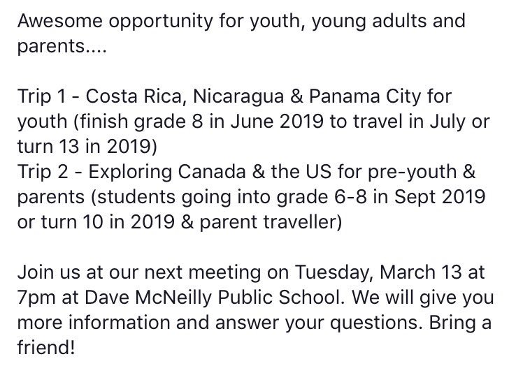 wbyouthtravel's tweet photo. Opportunity of a lifetime for our #ymm families! JOIN US! Open to all @RMWoodBuffalo @FMPSD @FMCSD youth! #traveling #seetheworld #imwithef @eftourscanada https://t.co/toP8IHeZyB