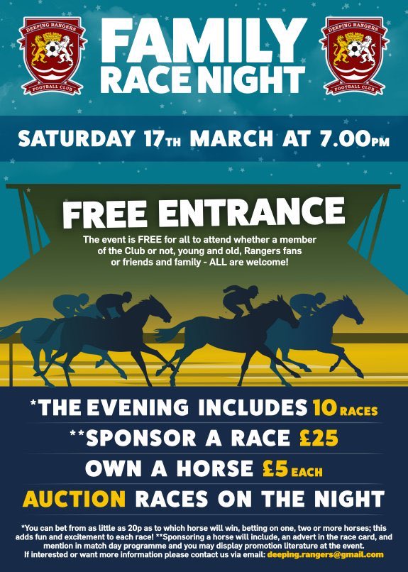Ever fancied owning a race horse?  Then join us for our Family Race Night on Saturday 17th March.