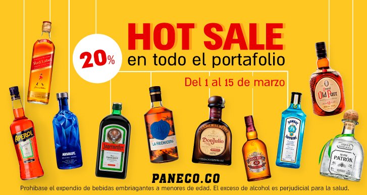 panecocol's tweet image. ¡Llegó el HOT SALE a Paneco! Desde hoy haz tus compras en licores con el 20% de descuento.           &amp;gt;&amp;gt; paneco.co &amp;lt;&amp;lt;