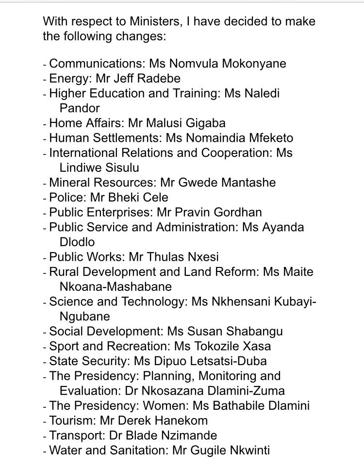 KaldenOngmu's tweet photo. #CabinetReshuffle Here is the list of new Ministers and Deputy Minister announced by President Ramaphosa. @ANN7tv https://t.co/hW33Gbiq0Q
