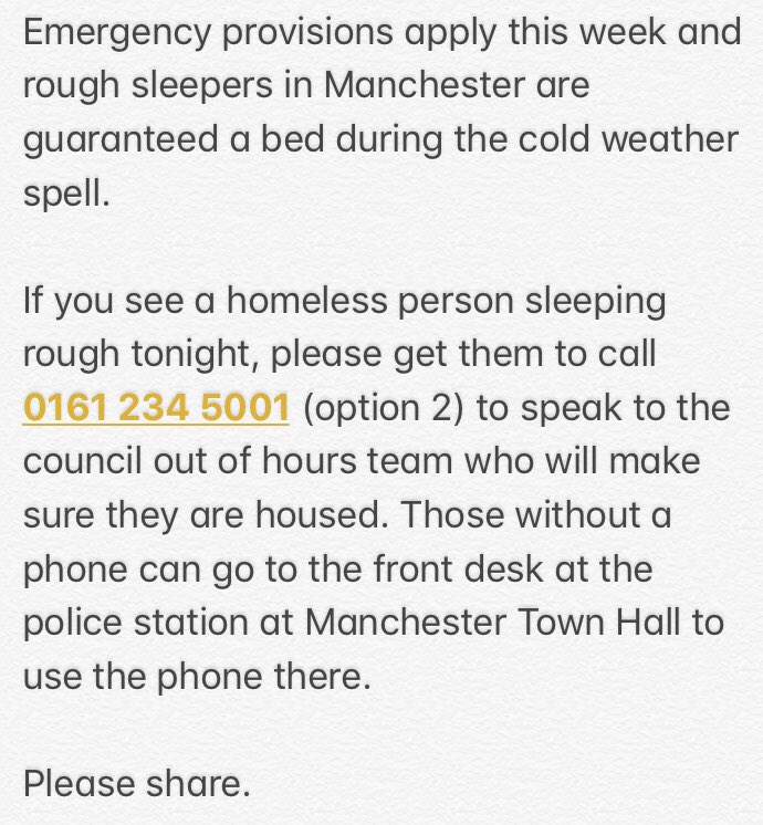 rebeccatcSJB's tweet photo. The homeless are guaranteed housing in  Manchester tonight, if you see someone sleeping rough please get them to call this number. Please retweet. @MENnewsdesk @ILoveMCR @BBCNWT https://t.co/qZcLPU633B