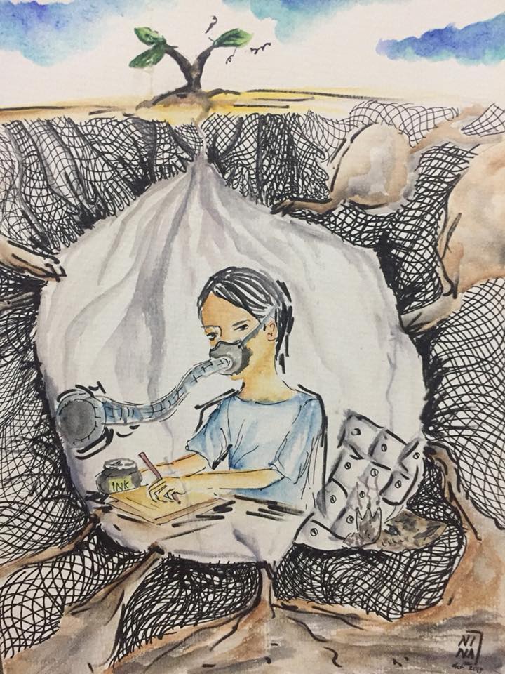 Lukisan Franz Kafka karya Joko Novianto Bp dari Sukabumi. Sketsa prosa judul: Bungker (Der Bau) - Franz Kafka karya Neni Fajariah dari Jakarta.