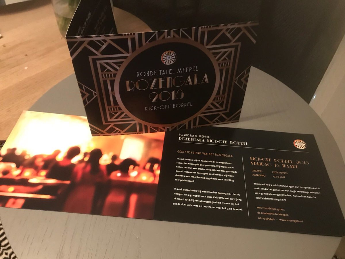 robbiedekleine's tweet photo. Uitnodiging kick-off borrel @Rozengala binnen. Spannend wat het goede doel gaat worden! #rt61 #meppel @Ned_Tafelronde #rozengala2018 https://t.co/v75WfeddLF
