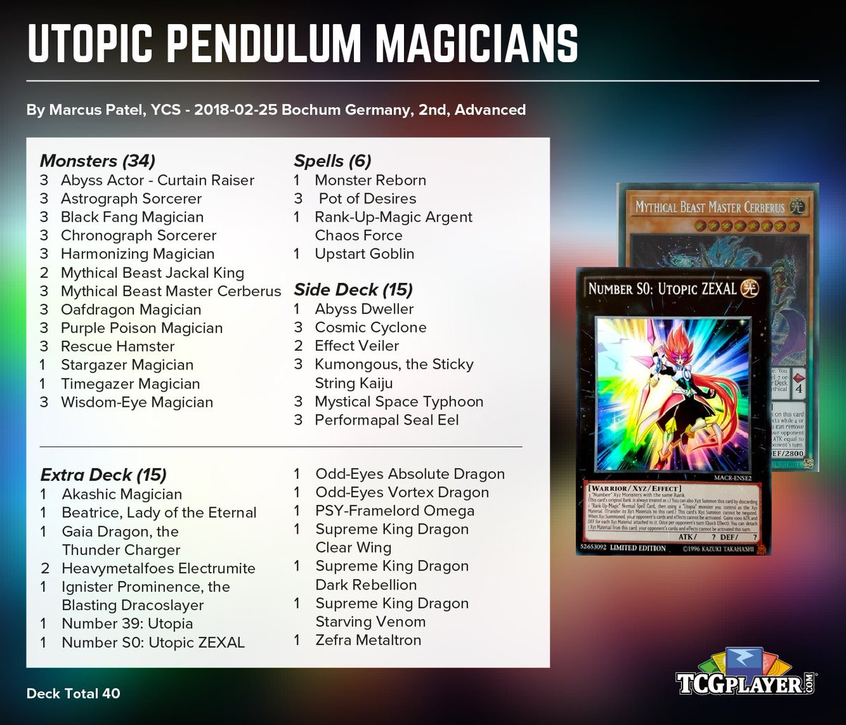 Tcgplayer Infinite Yu Gi Oh Marcus Patel Took 2nd Place At Ycs Bochum Running This Pendulum Magician Deck Tweaked To Lock Opponents Down With Number S0 Utopic Zexal Check Out More