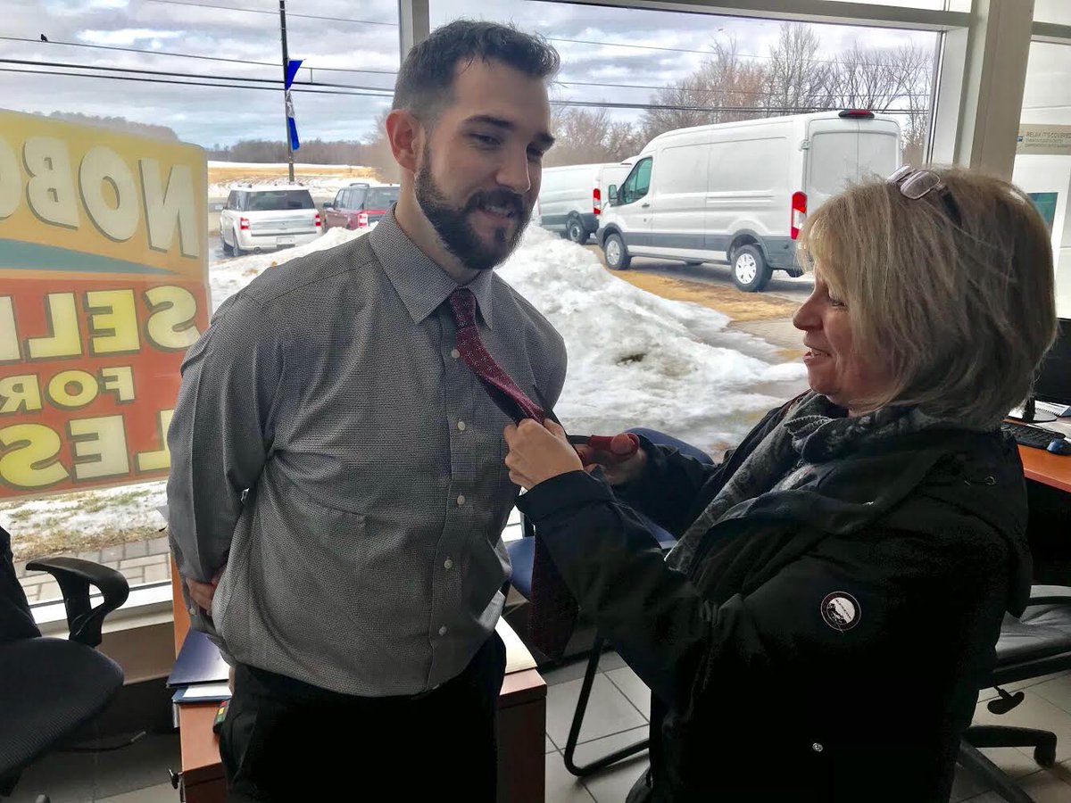BarrhavenFord's tweet photo. Our new salesman Brandon made his first sale last weekend, which means the customer got to cut off his tie! 😂😂 Just a little tradition we have here at DMF...congrats Brandon! 🎉 https://t.co/V2Im8ELP1Q