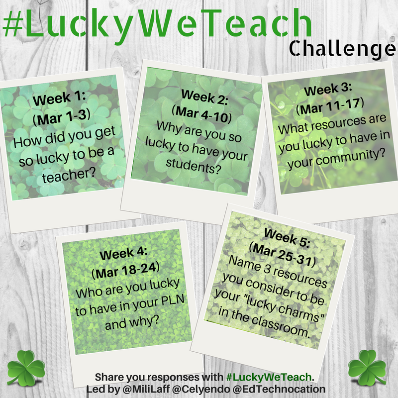 EdTechnocation's tweet photo. Join us for the #LuckyWeTeach March Challenge! Starting on Thursday!

Get the details at https://t.co/J6zNXXkqBj

We were so inspired by @thegridmethod's #14DaysofTeachingLove challenge that we're continuing with another one in March! https://t.co/S4NFiD168J
