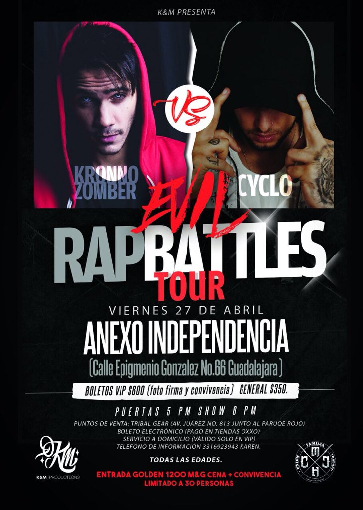 kmespectaculos's tweet photo. Ya estamos listos! 
#Guadalajara @Kronnomc &amp; @CycloMusic regresan el 27 de  abril #rapbattlestour info al 3316923943 https://t.co/akOeEPgd2W