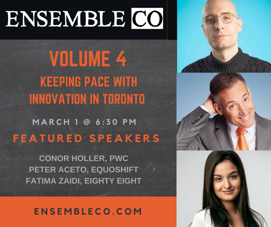 ensembletoronto's tweet photo. Don't miss our key #speakers this coming #Thursday night at 6:30pm in #toronto. Hear from @zaidiafatima from @88_agency, @PeterAceto from #Equoshift, and Conor Holler from @pwc_canada.
Tickets available at: https://t.co/OGzoobz8jK
#networking #innovation #tech #yyz #ensemble https://t.co/niQlDjpCch