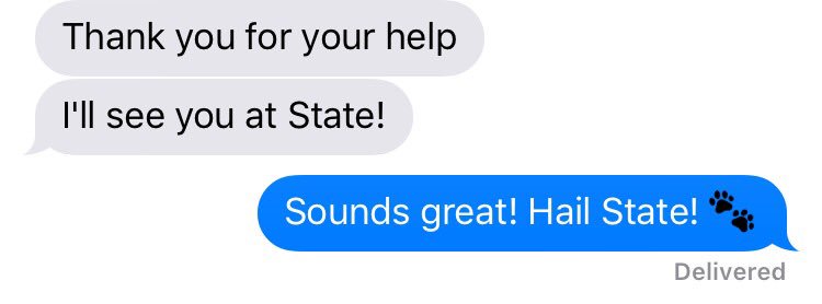 msstatestacy's tweet photo. These are the best texts to receive! Did you know you’re just a few short days away from registering for Orientation? Let’s talk about your next step to becoming a Bulldog! #MSUengineering #HailState #WeRingTrue https://t.co/z0Bje9O6Pq