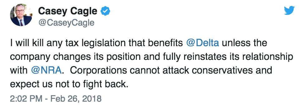 I call for the IMMEDIATE RESIGNATION of Georgia Lieutenant Gov. <a href="/CaseyCagle/">Casey Cagle</a> for threatening Delta over their decision to drop their partnership with the NRA!

RETWEET!