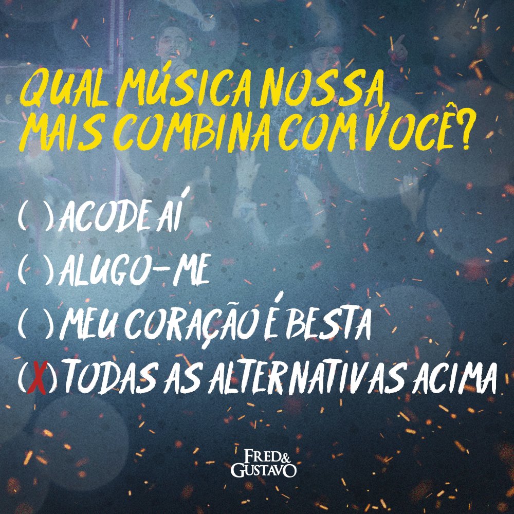 fred_gustavo's tweet photo. Qual música nossa é mais parecida com você? Conta aqui para gente 👇 queremos saber 😜 #FredeGustavo #FeG #AcodeAí #MeuCoraçãoéBesta #Alugo-me #ArtinVox https://t.co/MEZLZiqZhz