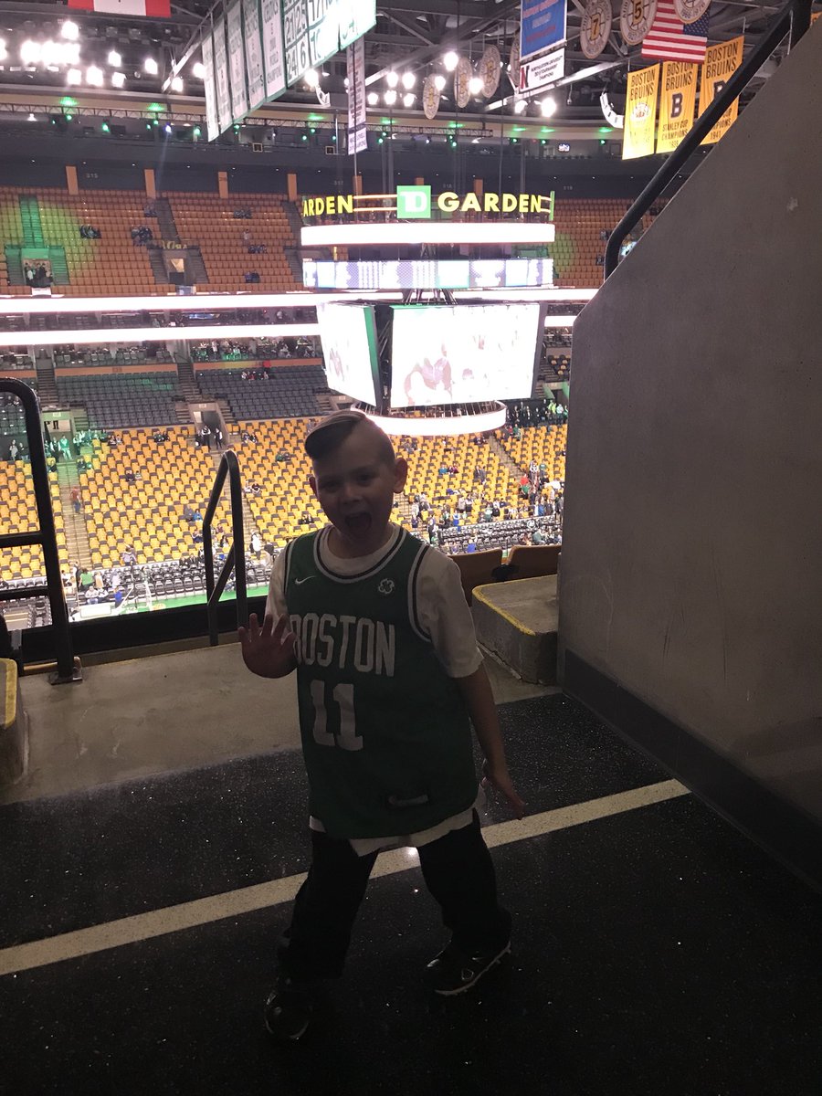 kad1228's tweet photo. First @celtics game at @tdgarden! He’s excited to hear “Kyrie for three!” in person. https://t.co/bqxUW9qhT5