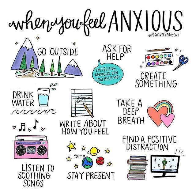 Helpful ideas for when you feel anxious: go outside, ask for help, create something, drink water, write about how you feel, take a deep breath, listen to music, stay present, find a positive distraction