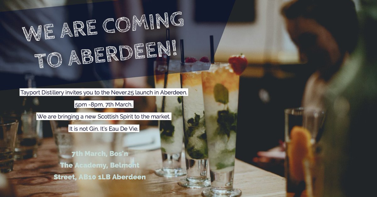 tayportdistill's tweet photo. We are coming to Aberdeen! Between 5-8pm you can meet us at @Bosn_Bar ! We will be serving cocktails for great prices and discussing all things Never.25! Come say hello, we certainly don’t bite! 😁
.
.
.
#never25 #launchnight #eaudevie #aberdeen #scotland #scottishspirit #fruit https://t.co/aI3y2c1Vgx