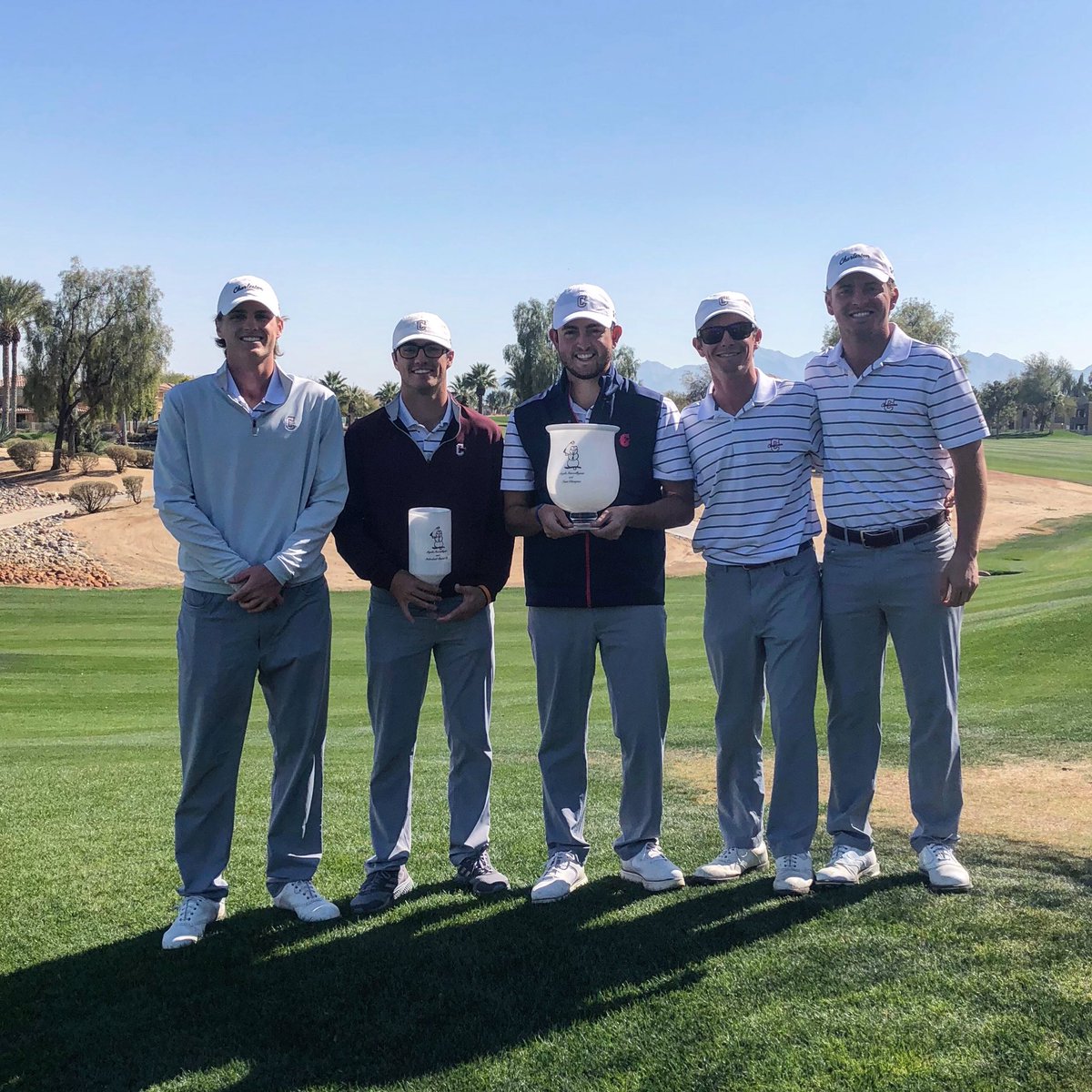 CofCMensGolf's tweet photo. Congrats to @CofCMensGolf winning the team tournament title at the Loyola (Md.) Intercollegiate with a tournament-record and school-record low 54-hole total of 816 (-48) at the Palm Valley Golf Club in Goodyear, Arizona! 🏆🌵🐾 #comeCus https://t.co/6J0BjPmEY6
