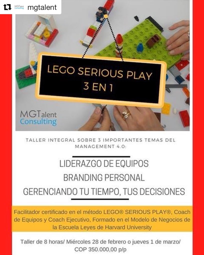 Aún tienes chance de participar en el Taller integral que hemos diseñado para el Manager 4.0 bajo la herramienta LEGO® SERIOUS PLAY®. No pierdas esta oportunidad de incorporar estas importantes habilidades de una forma divertida y novedosa. Info(317) 6362578 y mgteran@mgt.com.co