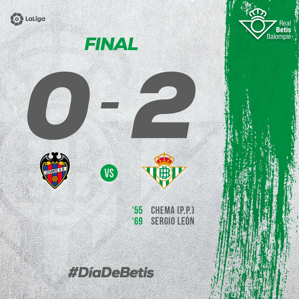 RealBetis's tweet photo. 93' ⏱⚽️ ¡FINAAAAAAL! 👏 ¡Final del partido con victoria verdiblanca en el Estadio Ciudad de Valencia! 😍

🔴🔵 #LevanteRealBetis 0-2 💚⚪️

#DíaDeBetis https://t.co/VM8mdzA5Jb
