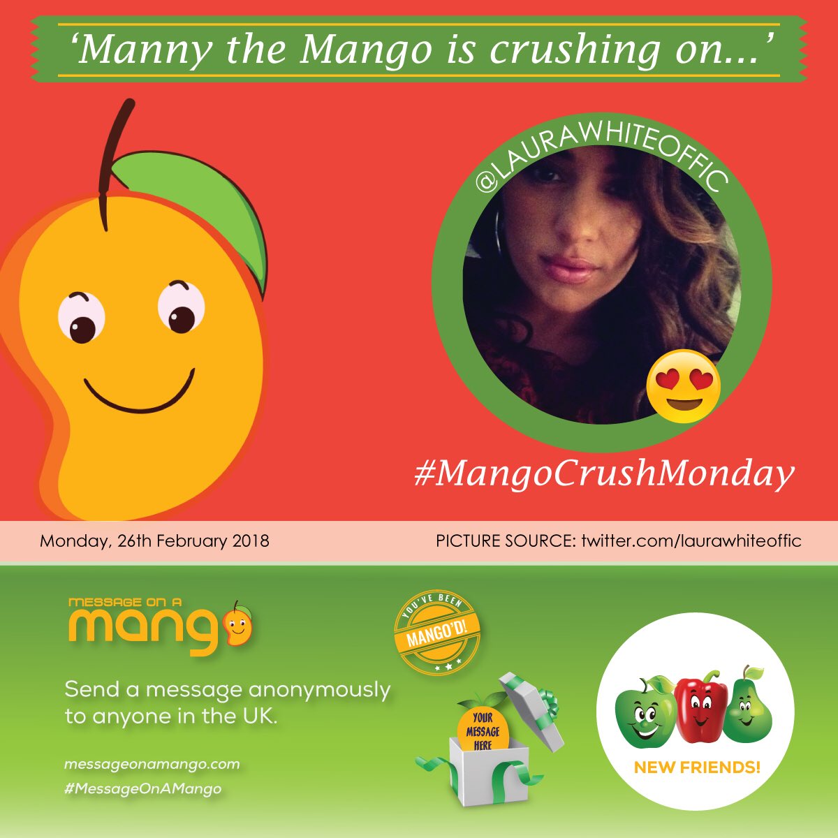 MessageOnAMango's tweet photo. It’s a special day for us at Mango HQ... It’s #MangoCrushMonday and we are crushing on the simply sensational @LauraWhiteOffic! This groovy lady had followed her dreams and supported others follow theirs... Including us! She’s just epic! 😍
#MangoCrushMonday
#MessageOnAMango https://t.co/BVXMgxJFMk