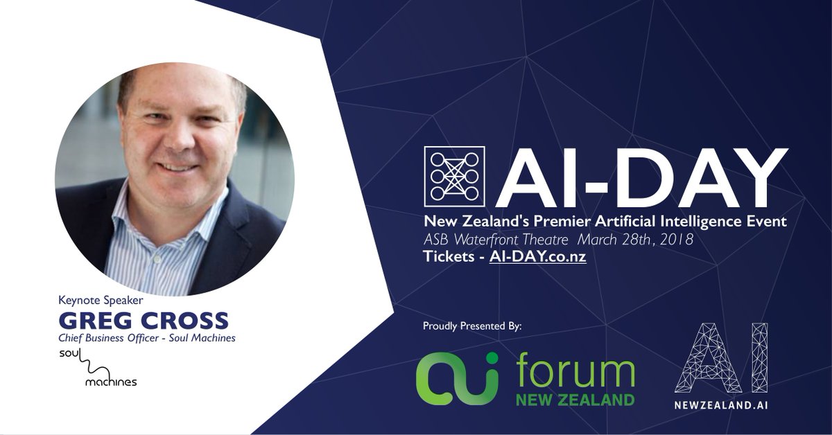 The future is bright but we need to act now, and fast if New Zealand wants to be competitive on the global #AI stage. @gregcrossnz and Mark Sagar <a href="/Soulmachines/">SoulMachines👥</a> are presenting in the Future of AI session | ai-day.co.nz