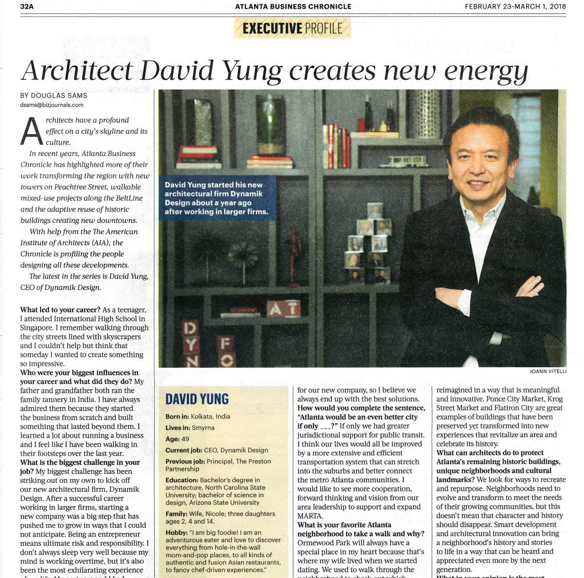 DynamikDesign's tweet image. Interview with our CEO, David Yung, &quot;Architect David Yung Creates New Energy&quot; in this week&apos;s Atlanta Business Chronicle.
bizj.us/1pihmm