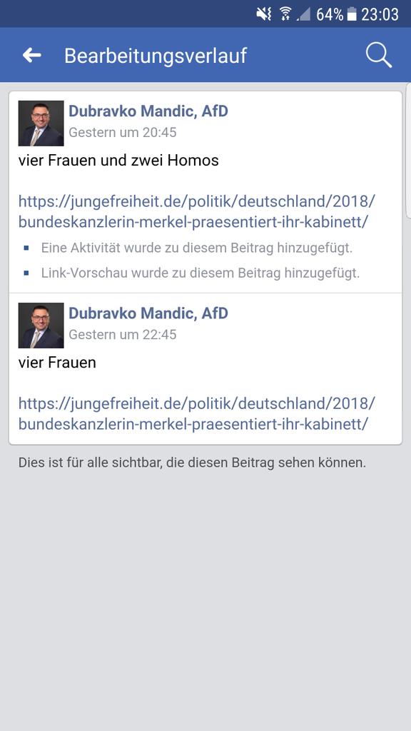 Immer ehrlich: Facebooks Bearbeitungsverlauf. Aber den Post schrieb sicher nur ein Mitarbeiter. Oder die Autokorrektur. Oder er ist #mausgerutscht... #Mandic #AfD