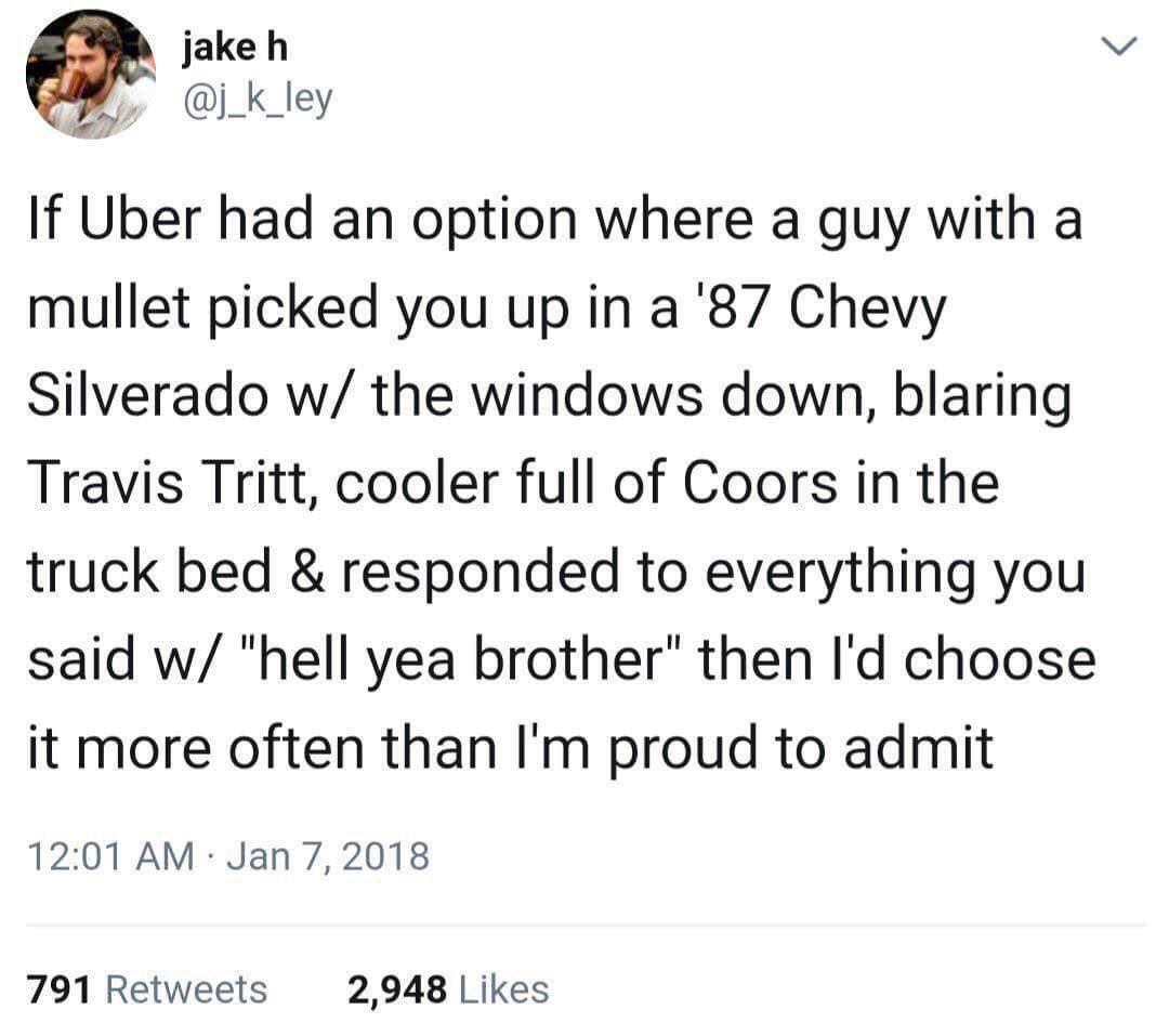 cfweradio's tweet photo. Can we all take a moment to be honest with one another? This is for sure 100% yes. 🤠😂 - Dustin #uber #TravisTritt #country #radio #cfwefm https://t.co/GtmCcqoajy