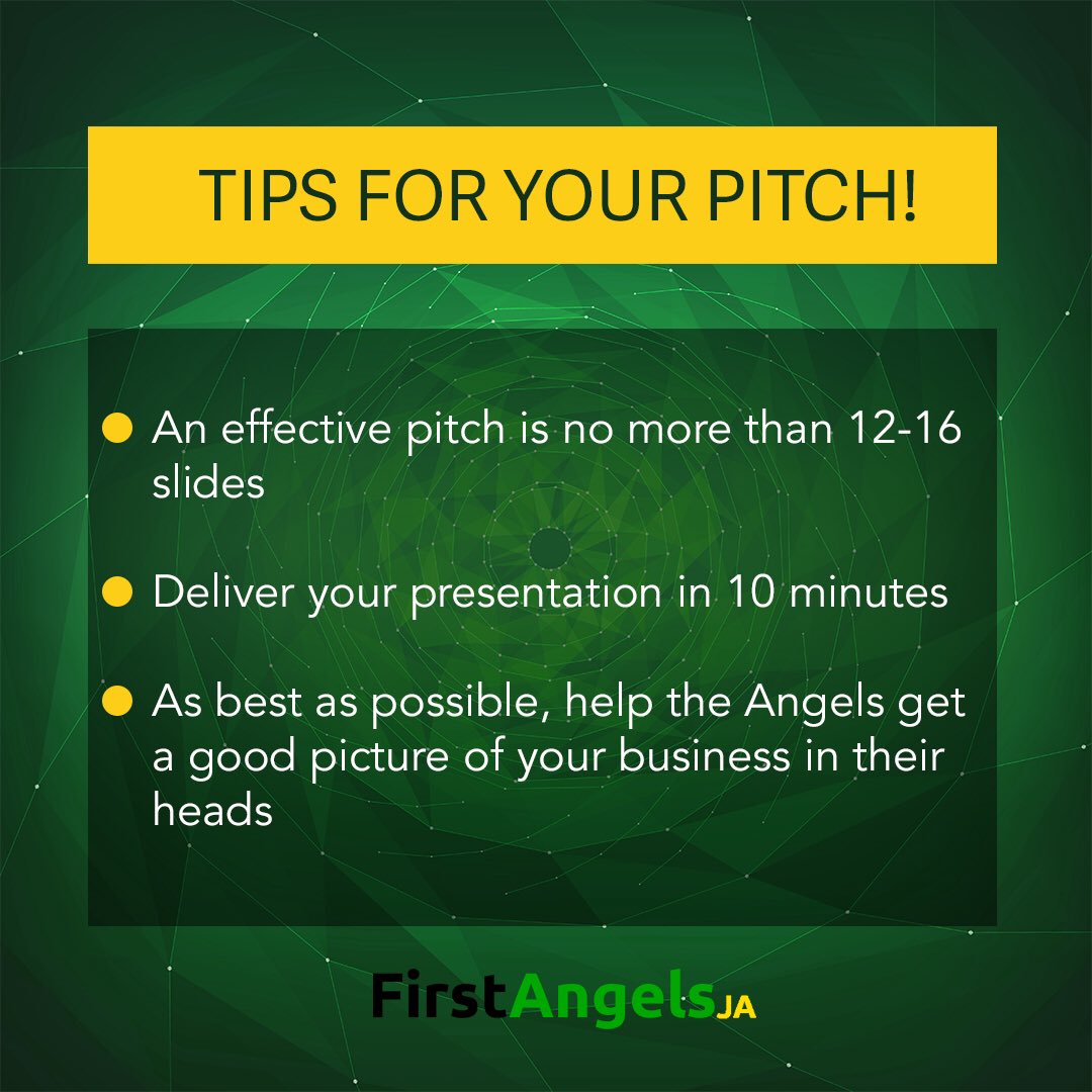 FirstAngelscari's tweet photo. When making your pitch, be clear, concise and to the point. Ensure that in your small time frame you have gotten all your important points across. Ensure that investors have a clear picture of what your business is about! Have you applied yet? #ApplyNow
#FirstAngelsJa
#FAJMembers https://t.co/Nr2EduJ1bE