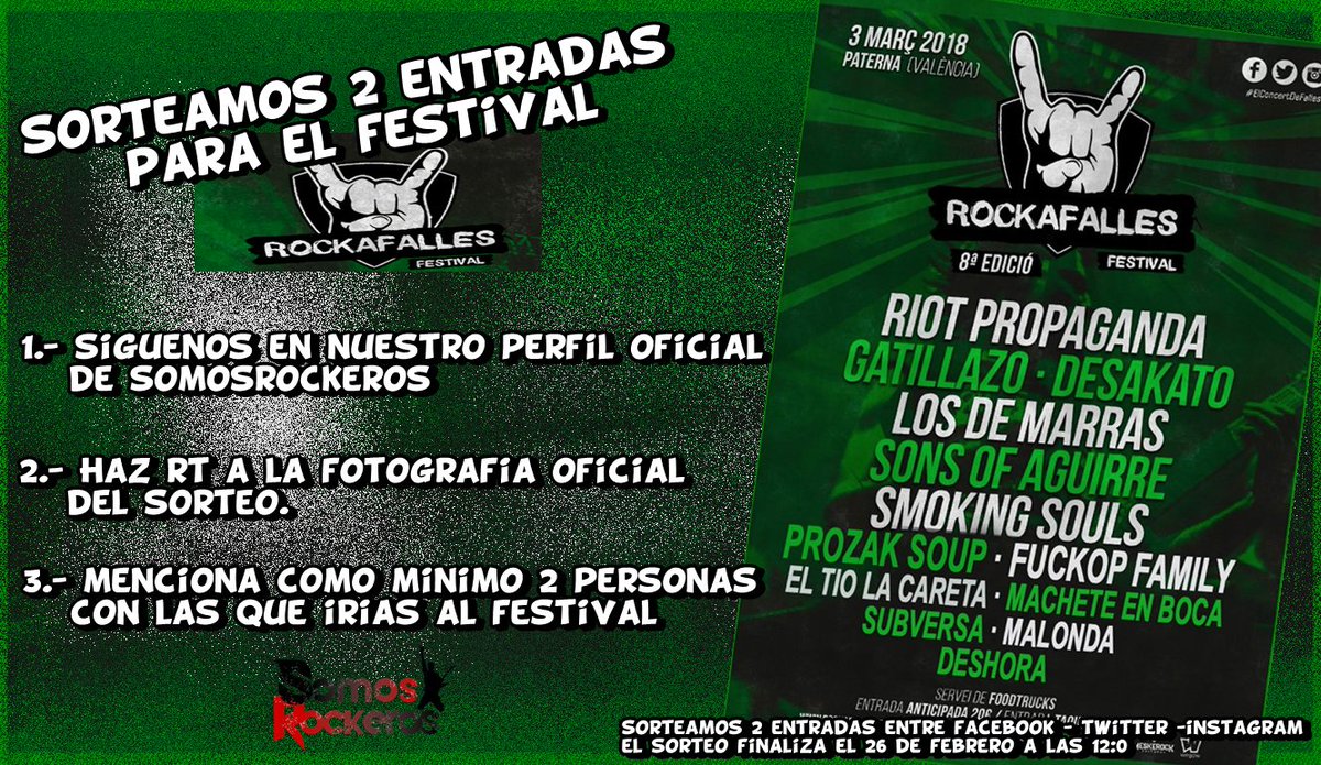 somosrockeros's tweet photo. 👊Sorteamos 2 entradas para el Festival @RockafallesFest 👊del próximo 3 de Marzo en Paterna con las actuaciones de Desakato, Riot Propaganda, Los de Marras, Sons of Aguirre, Los Gatillazo...

✅Sígue a @Somosrockeros 
✅Haz RT a la foto del sorteo 
✅Menciona mínimo a 2 personas https://t.co/1IjEDje1OZ