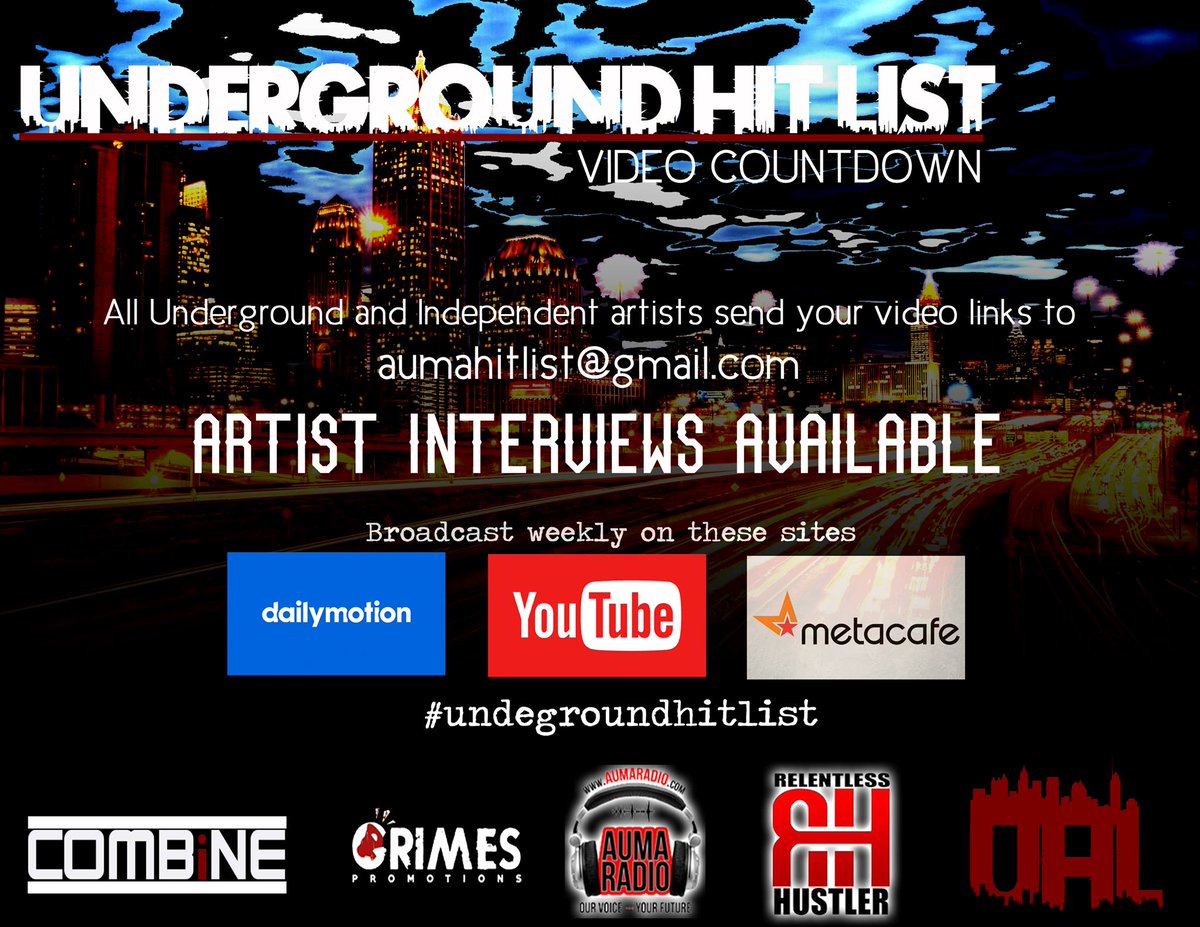 ValueOrDie's tweet image. Grimes Promotions (@CharelGrimes ): Underground Hitlist Video Countdown Artists send video links to aumahitlist@gmail.com #DailyMotion #YouTube #MetaCafe #UndergroundHitlistpic.twitter.com/m4MVtFjXro j.mp/2BFjgxt