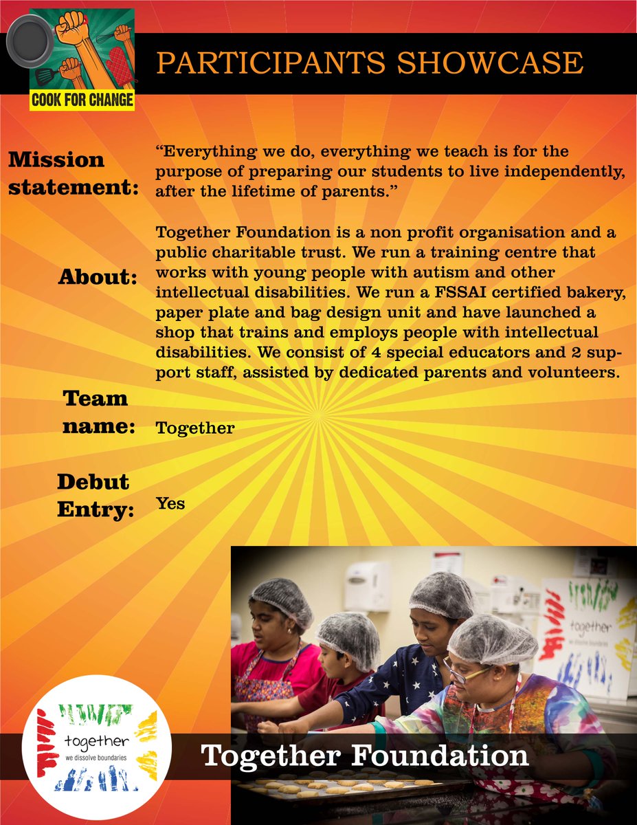 Cook for Change Challenge is showcasing all of our participants this year. Our showcase of today is "togethersee" is a non profit organisation and a public charitable trust.They run a training centre that works with young people with that are differently abled. #BeTheChange